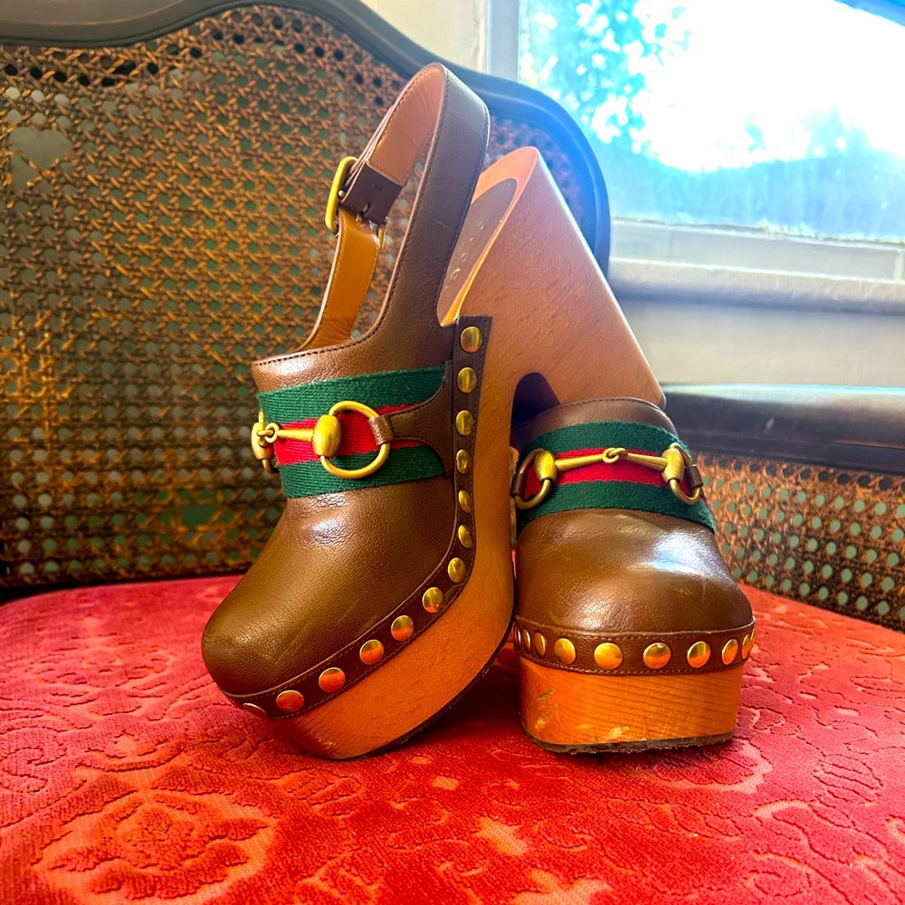 COPY - GUCCI HORSEBIT BROWN LEATHER MULES WITH ANKLE STRAP, GOLD STUDDED DETAIL